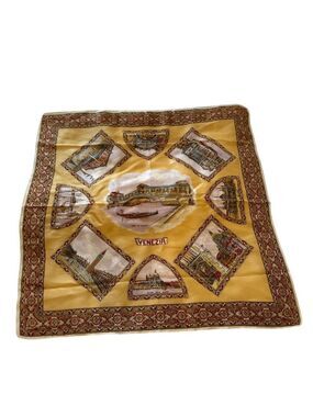 Vintage Venezia Yellow Silk Feel Scarf 26 inch Italy Landmarks Ponte Di Rialto